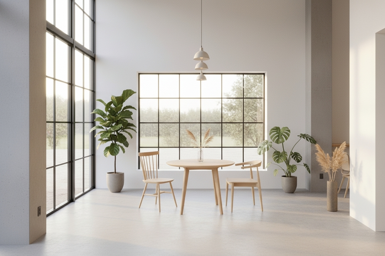 大きな窓から光が差し込む窓際の席