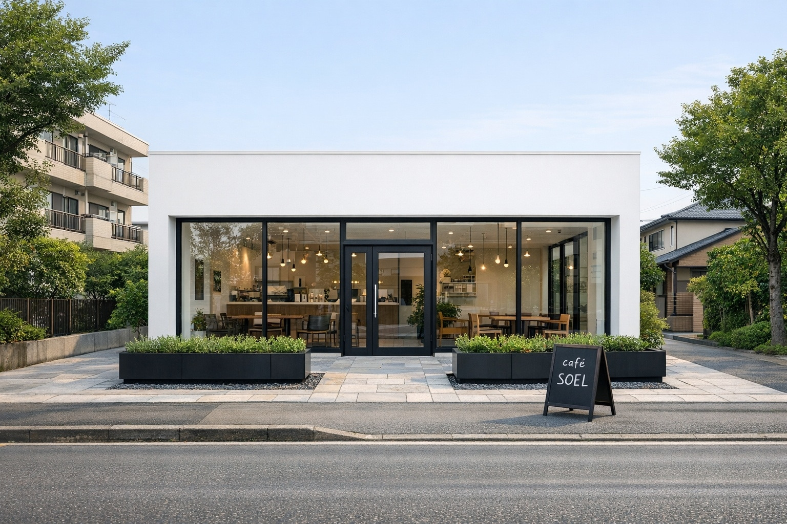 白い外壁と黒フレームの窓が特徴的な外観