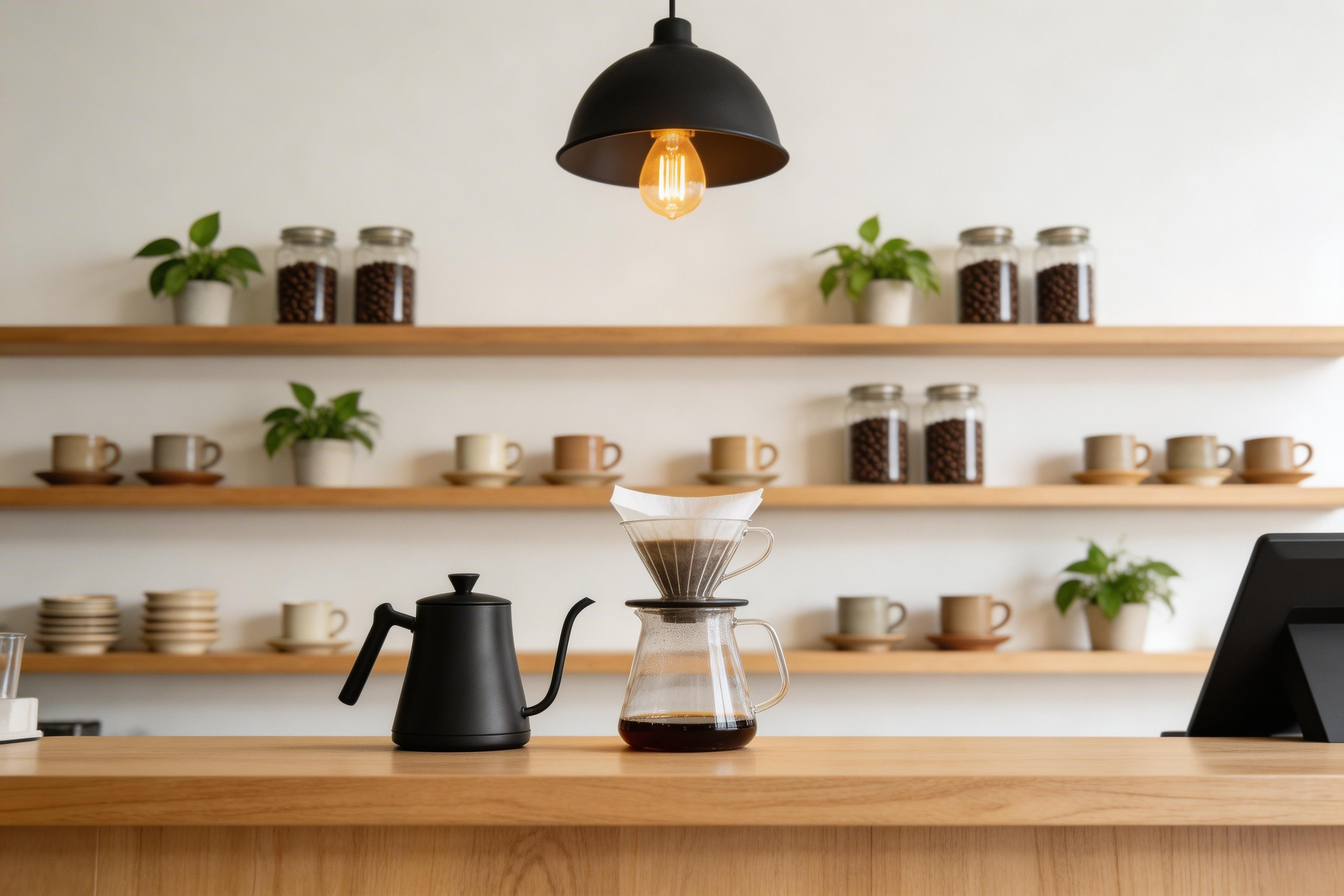 木のカウンターとペンダントライト