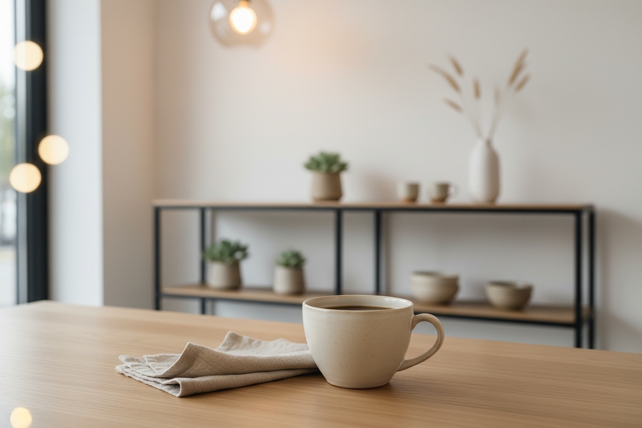 木のテーブルの上に置かれたハンドドリップコーヒーと陶器のカップ